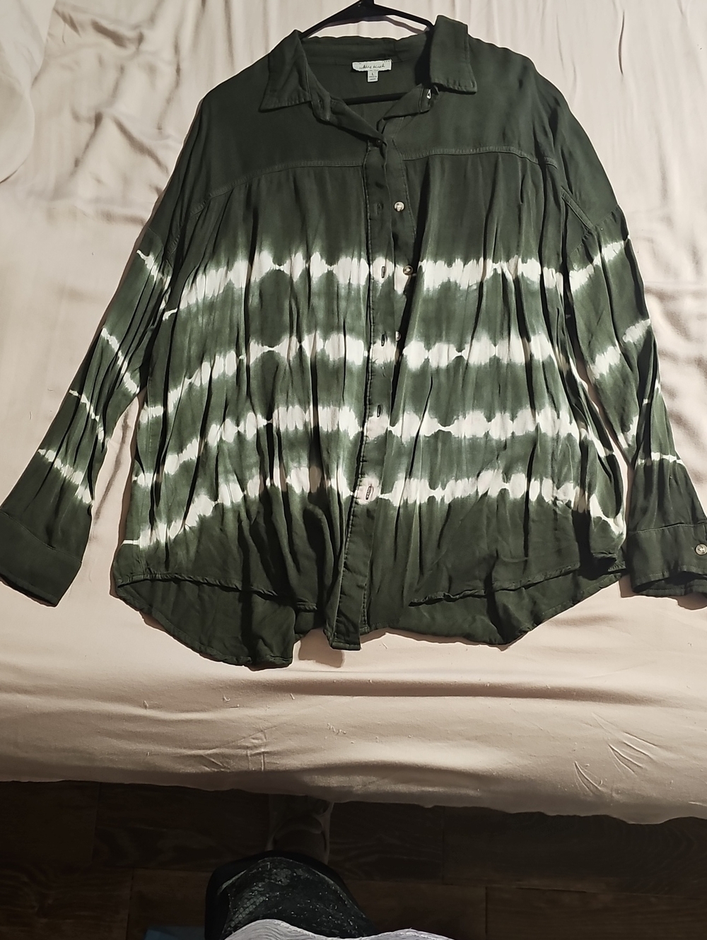 white birch Olive Green & White Tie-Dye Button-Down Blouse